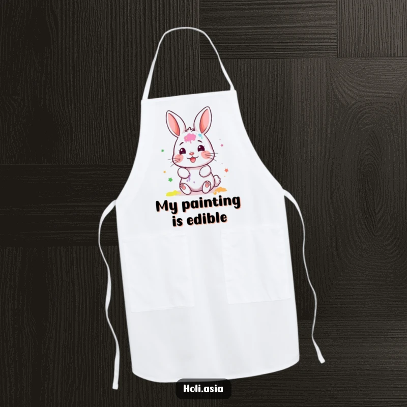 Funny Apron: A tiny bunny artist with painted face gleefully smears colorful powder, ready for a messy culinary adventure.