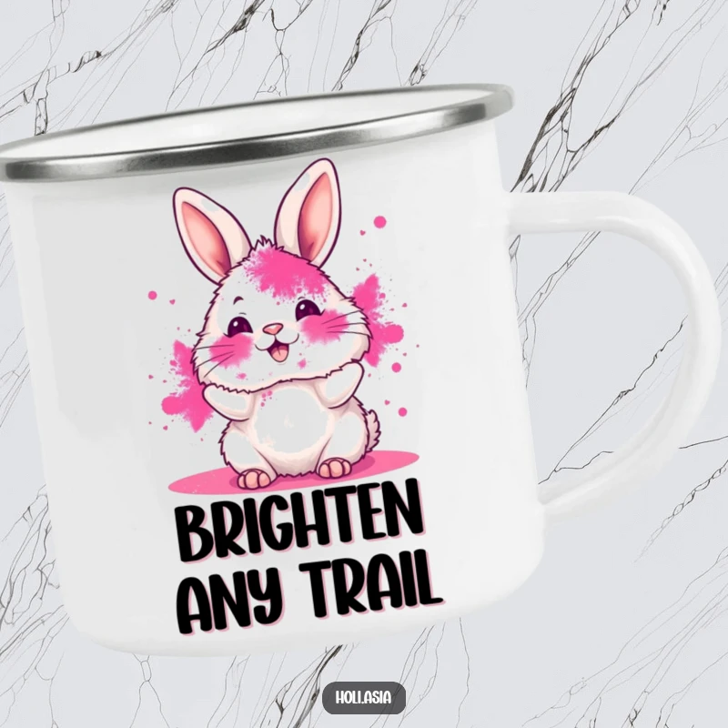 Funny camping mug with a fluffy bunny, face smeared in pink powder, joyfully tossing more color, ready for outdoor fun.