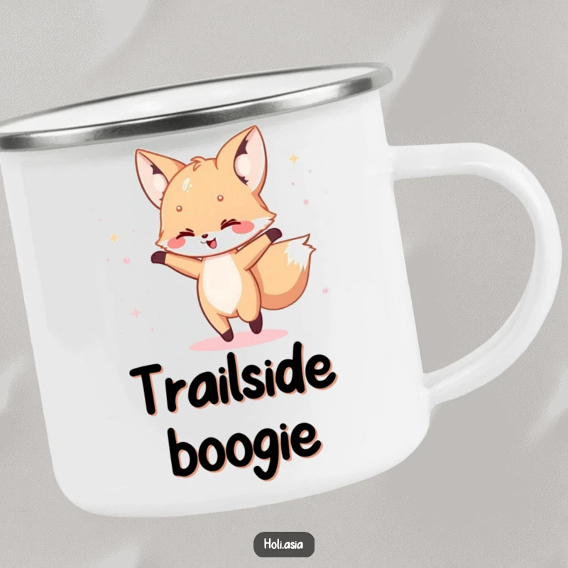 Funny Camping Mug: A happy fox cub dances with a scattering of iridescent powder during a magical outdoor moment.