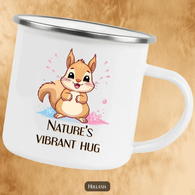 Funny Camping Mug: A cheerful squirrel happily throws streams of vibrant powder with its paws during an energetic outdoor moment.
