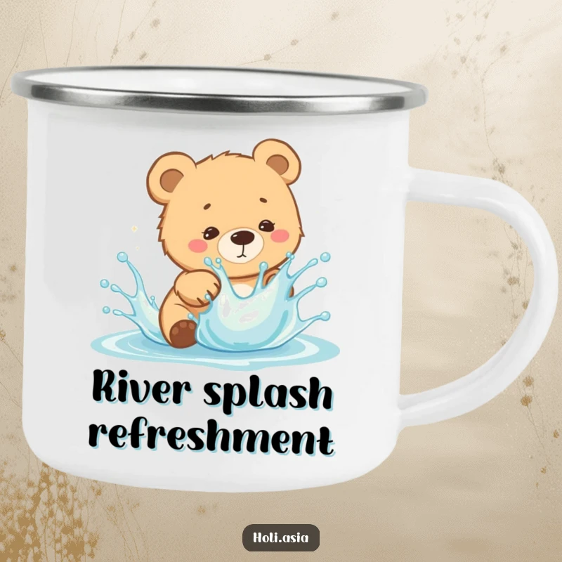 Funny Camping Mug: A curious bear cub playfully dodges a splash of bright liquid during an energetic outdoor moment.