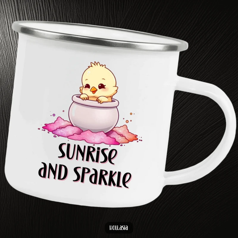 Funny Camping Mug: A fluffy chick playfully taps a shimmering pot of colored powder during a delightful outdoor moment.