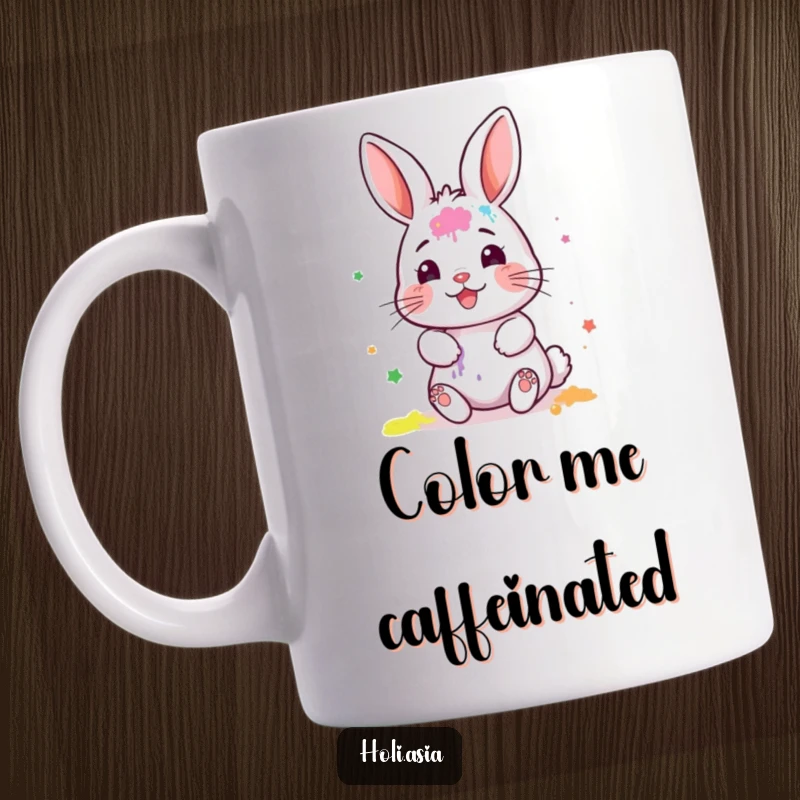 Funny Mug: A tiny bunny artist with face paint smears colorful powder gleefully, creating a vibrant and messy masterpiece.