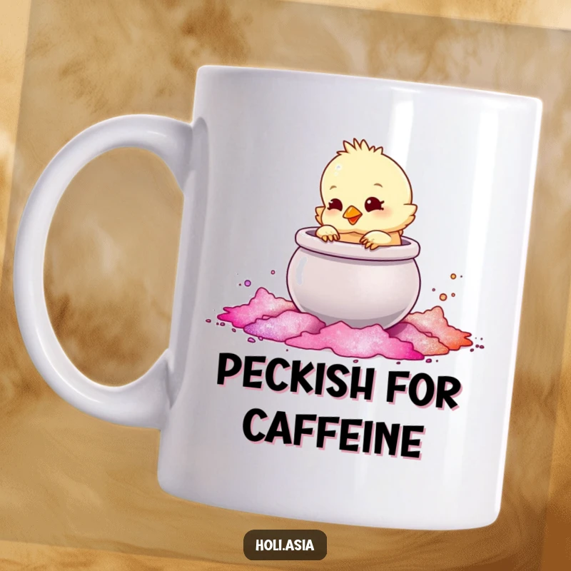 Funny Mug: A fluffy chick playfully taps a large, shimmering pot of colored powder, creating a magical, colorful scene.
