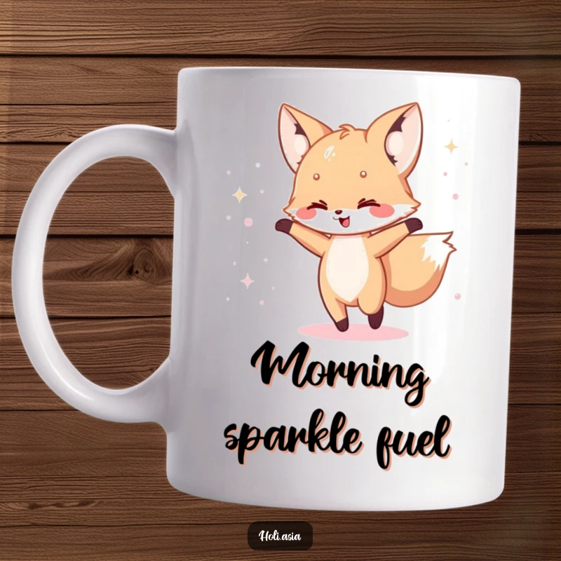 Funny Mug: A happy fox cub joyfully dances with a scattering of iridescent powder swirling around it in a magical display.