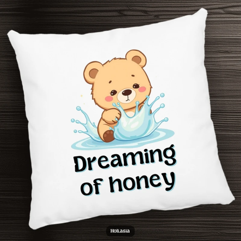 Funny Pillow: A curious bear cub playfully dodges a splash of bright liquid, creating a cute and humorous decorative piece.