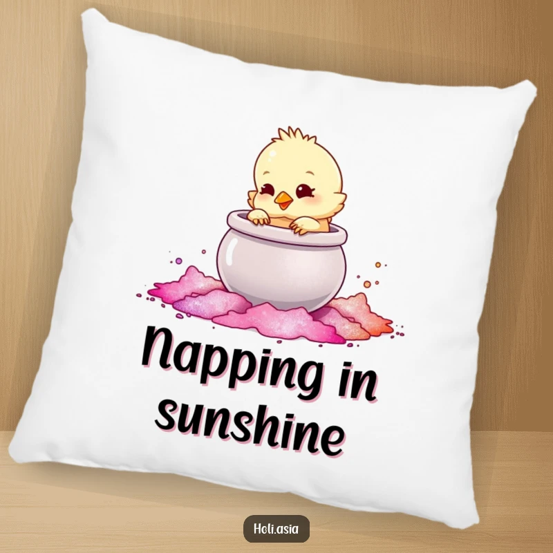 Funny Pillow: A fluffy chick playfully taps a large, shimmering pot of colored powder, creating a cozy and magical scene.