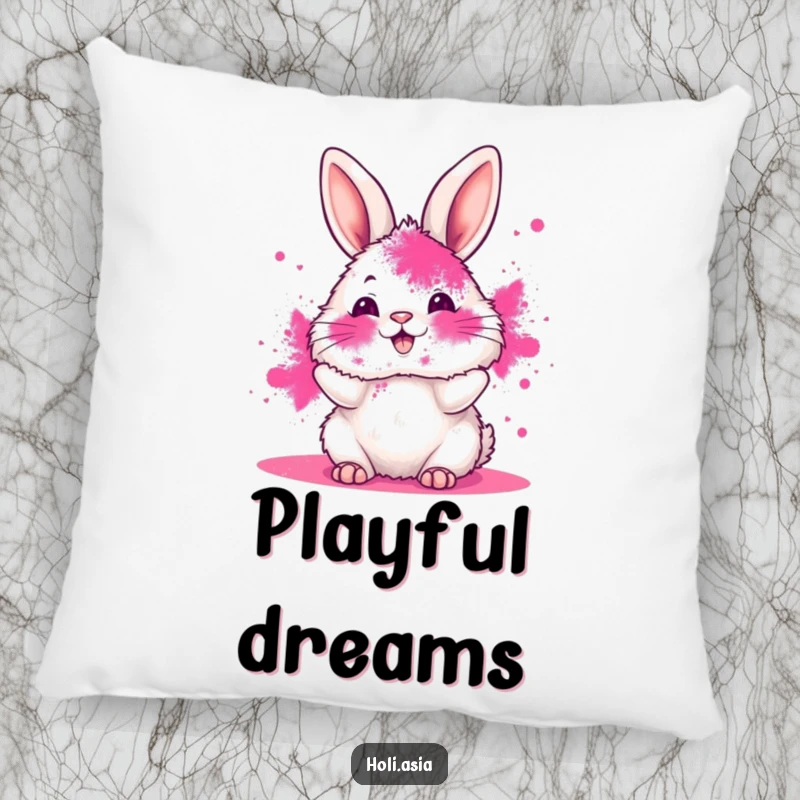 Funny pillow featuring a fluffy bunny with its face smeared in vibrant pink powder, joyfully tossing more color, perfect for cozy fun.