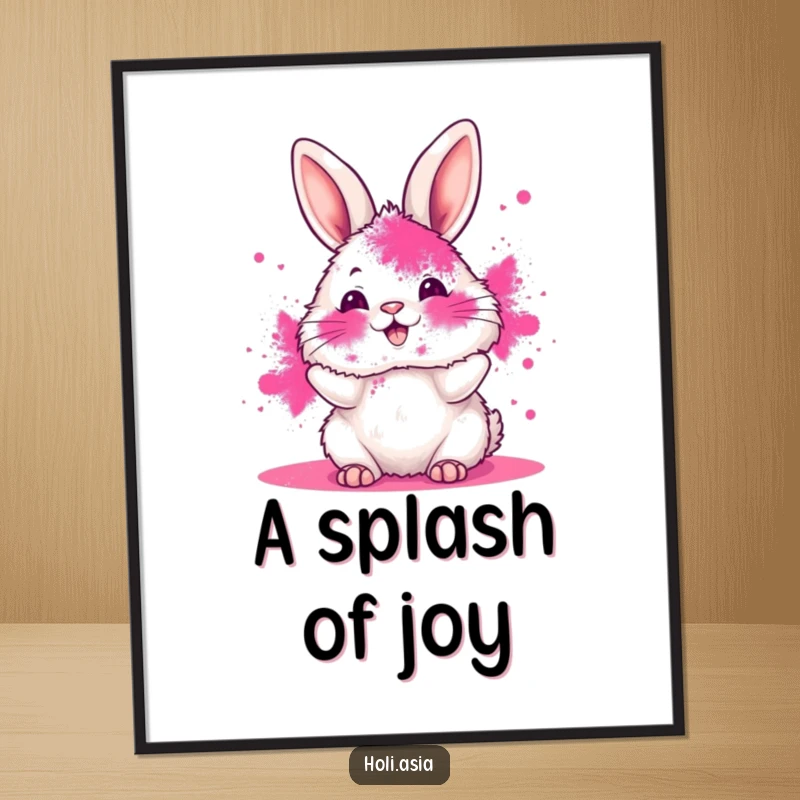 Funny digital art print of a fluffy bunny with its face smeared in vibrant pink powder, joyfully tossing more color, perfect for colorful decor.