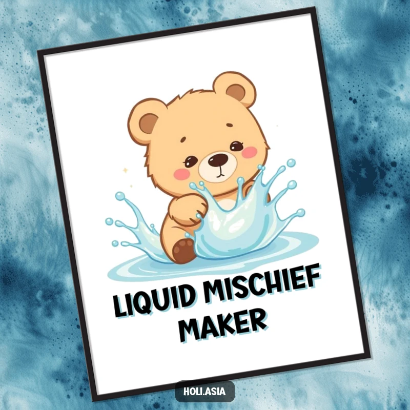 Funny Digital Art Print: A curious bear cub playfully dodges a splash of bright liquid, creating a scene of humorous, colorful action.