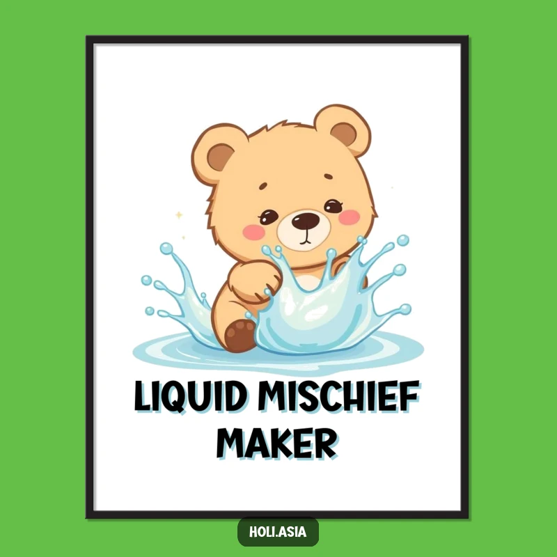 Funny Bear Cub Splash Print: Playful Dodging, Instant Bright Decor, Gift!