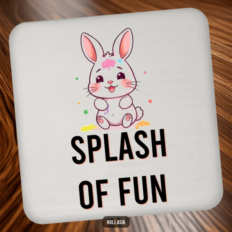 Funny Coaster: A tiny bunny artist with painted face gleefully smears colorful powder, protecting surfaces with artistic flair.