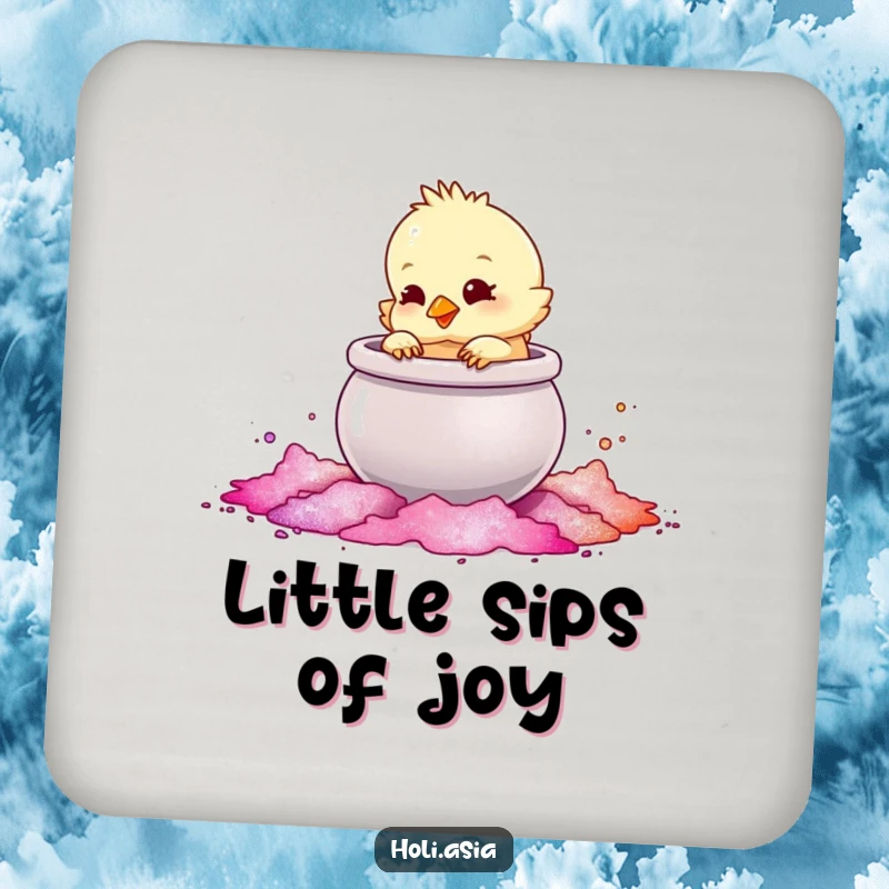Funny Coaster: A fluffy chick playfully taps a shimmering pot of colored powder, protecting surfaces with adorable flair.