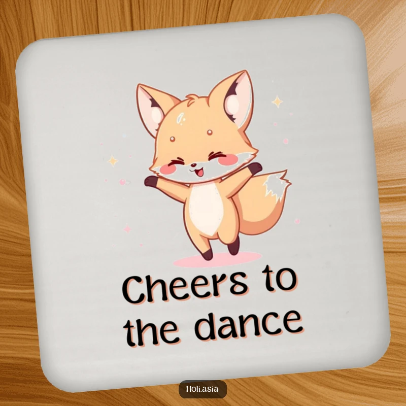 Funny Coaster: A happy fox cub dances with a scattering of iridescent powder, protecting surfaces with magical flair.