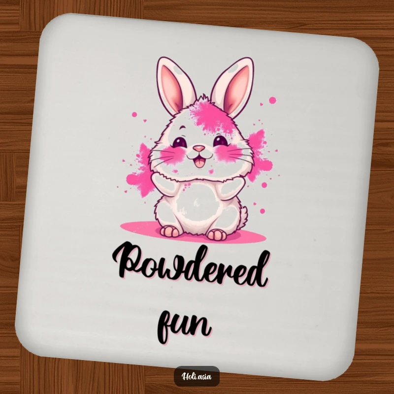 Funny drink coaster featuring a fluffy bunny with its face smeared in vibrant pink powder, joyfully tossing more color, adding fun.