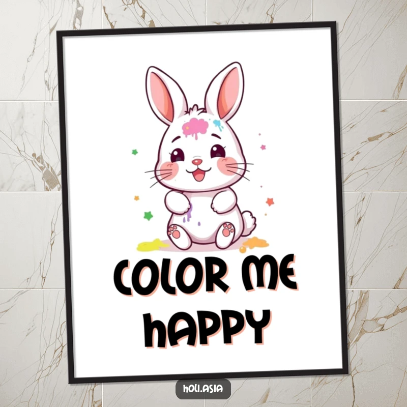 Funny Poster: A tiny bunny with a painted face smears colorful powder gleefully across this vibrant and humorous artwork.