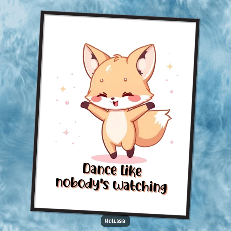 Funny Poster: A happy fox cub dances with a scattering of iridescent powder around it, creating a scene of pure, joyful magic.