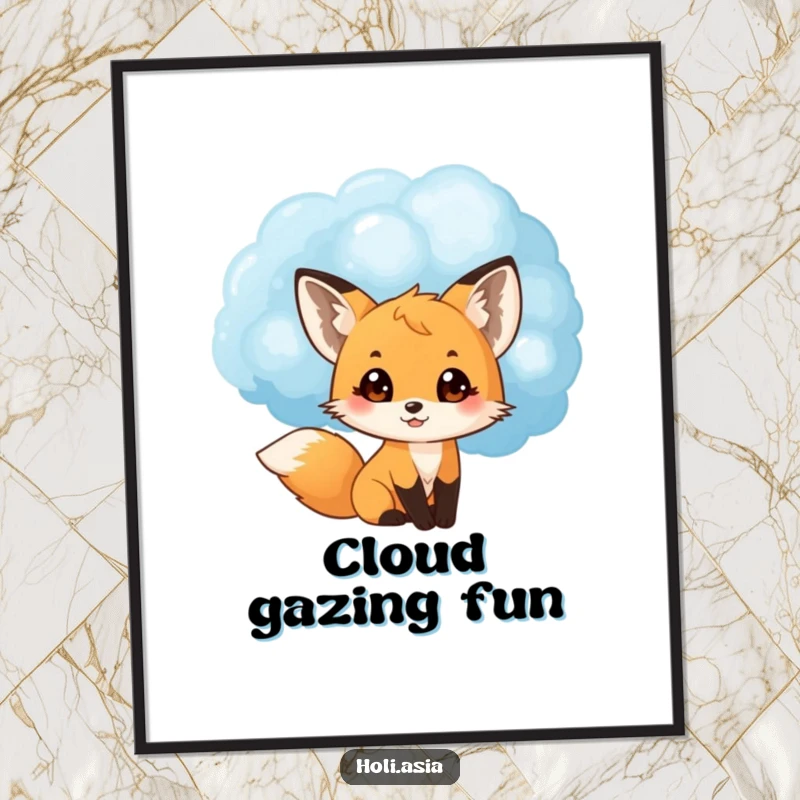 Funny poster art of a small fox cub peeking from behind a large blue powder cloud, eyes wide with delight, capturing playful surprise.