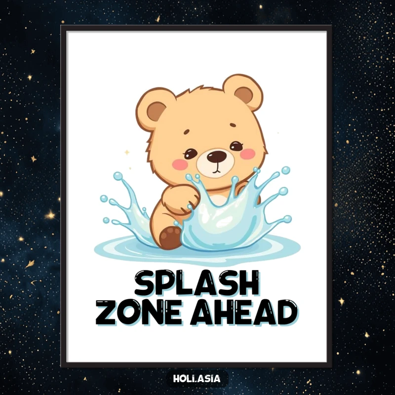 Funny Poster: A curious bear cub playfully dodges a splash of bright liquid, capturing a moment of lighthearted, colorful chaos.