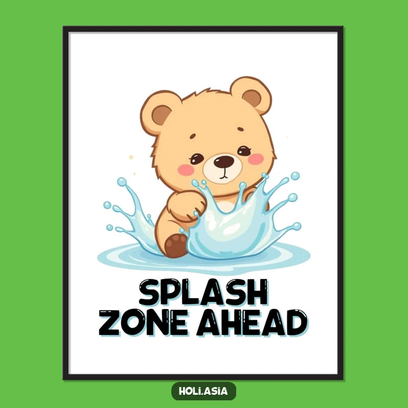 Funny Bear Cub Splash Poster: Curious Dodging, Bright Art, Hilarious Decor!