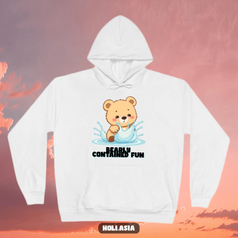 Funny Hoodie: A curious bear cub playfully dodges a bright splash of liquid, showcasing its quick reflexes with a humorous look.