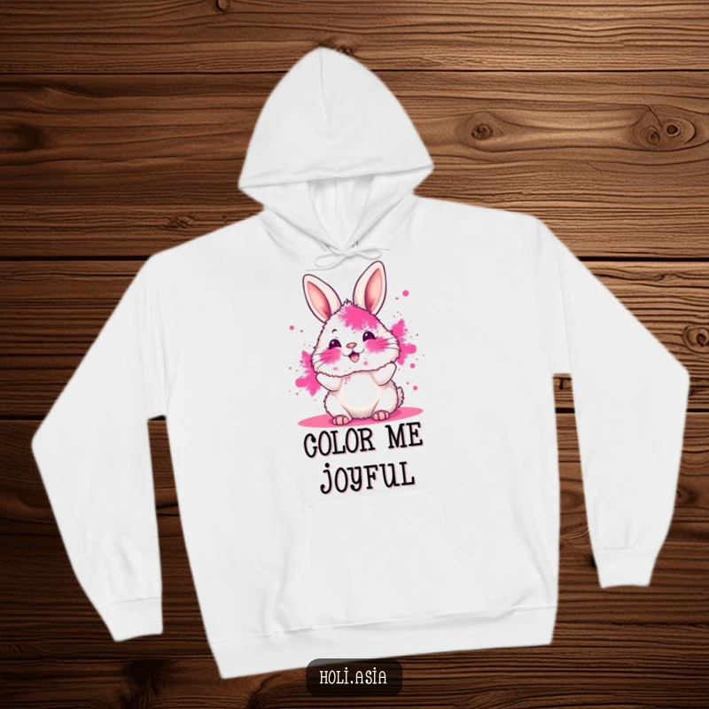 Funny hoodie featuring a fluffy bunny with its face smeared in vibrant pink powder, joyfully tossing more color, perfect for cozy fun.