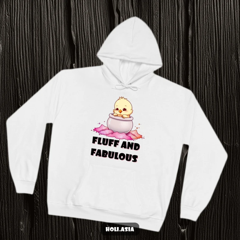 Funny Hoodie: A fluffy chick playfully taps into a large, shimmering pot of colored powder, spreading a touch of magic.