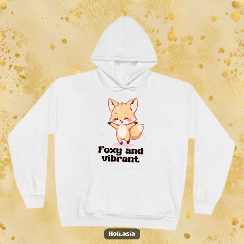 Funny Hoodie: A happy fox cub dances with glee, surrounded by a beautiful scattering of iridescent powder.