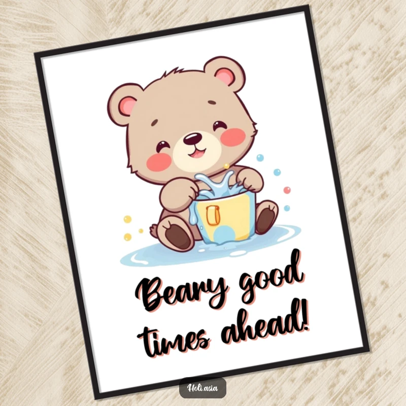 Funny Free Printable Wall Art: A cheerful bear cub joyfully splashing colored water from a small bucket, full of playful energy.