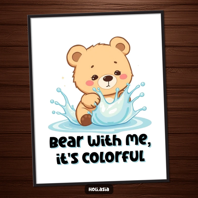 Funny Free Printable Wall Art: A curious bear cub dodges a playful splash of bright liquid, creating adventurous art.