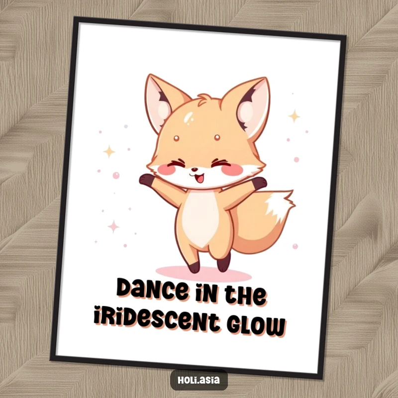 Funny Free Printable Wall Art: A happy fox cub dances with a scattering of iridescent powder around it, creating sparkly art.