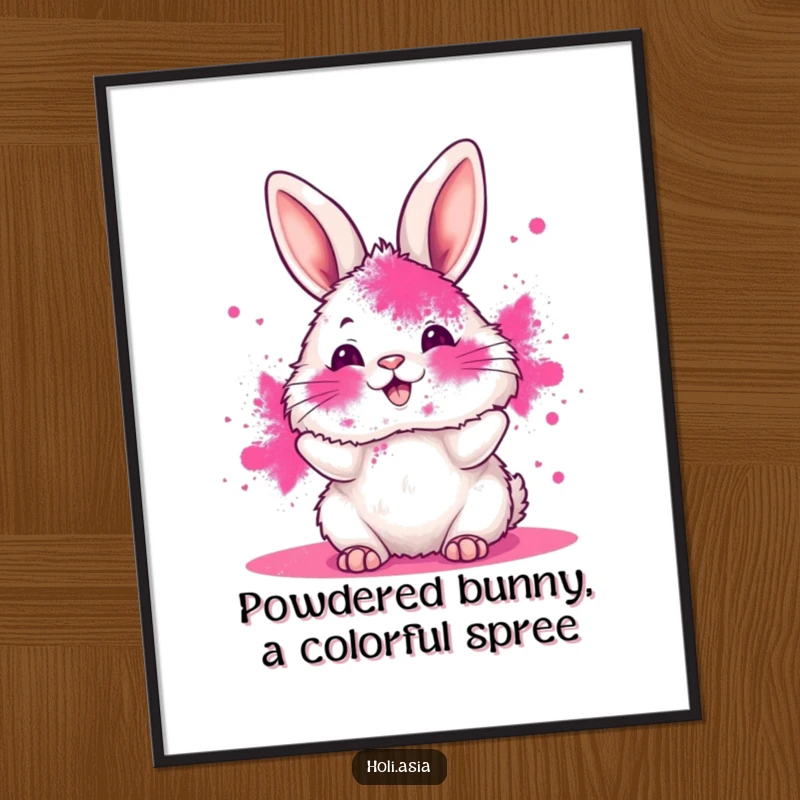 Funny Free Printable Wall Art depicting a fluffy bunny with a pink powder-smeared face tossing vibrant color.