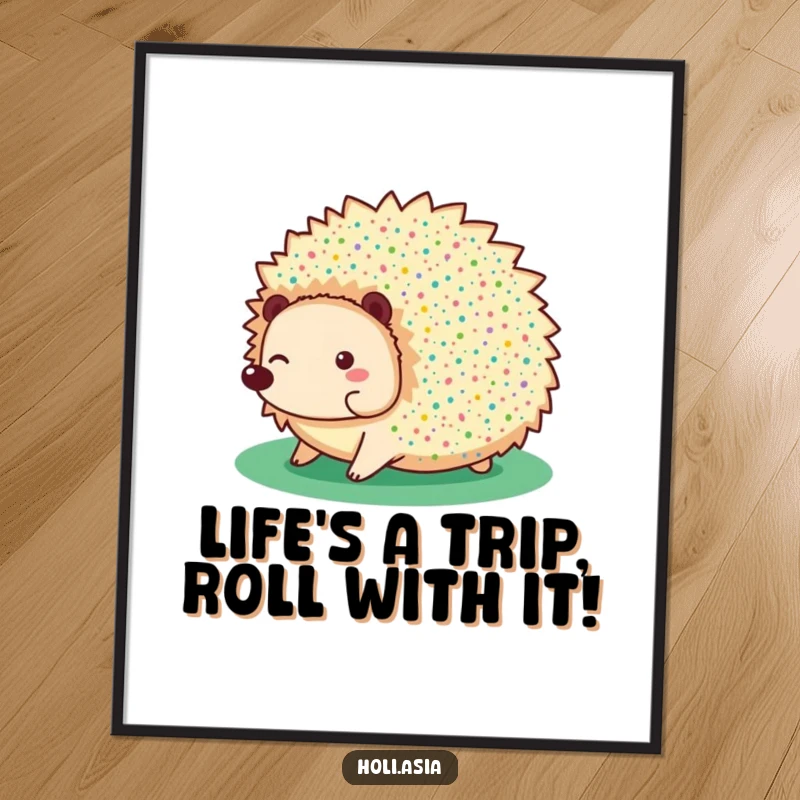 Funny Free Printable Wall Art: A giggling hedgehog completely covered in colorful speckles, rolling happily on a green background.