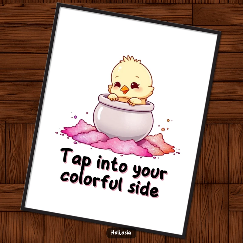 Funny Free Printable Wall Art: A fluffy chick playfully taps a large, shimmering pot of colored powder, creating cute art.