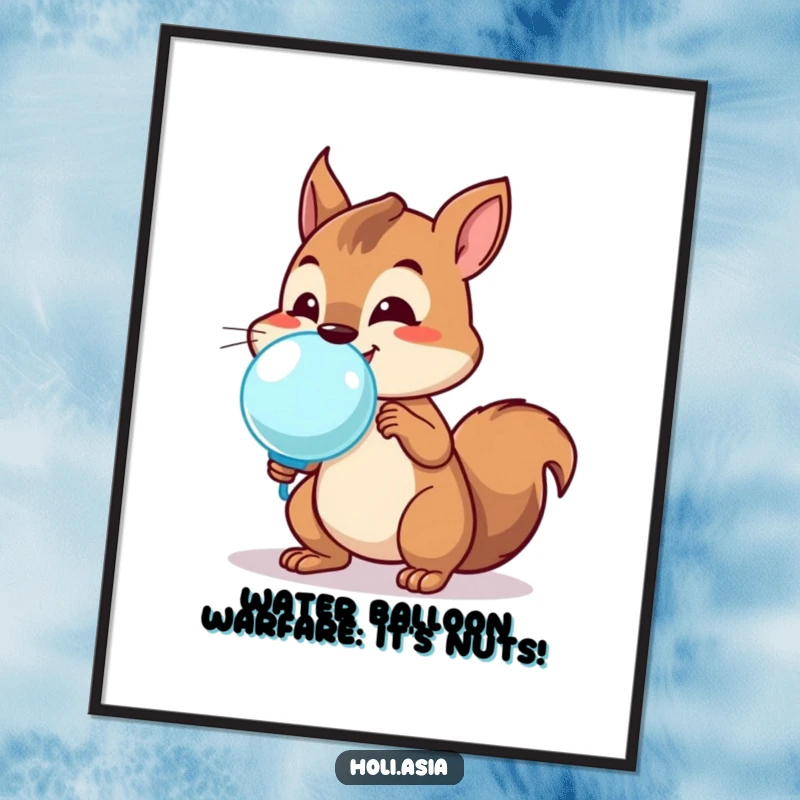 Funny Free Printable Wall Art: A curious squirrel with a wide grin, about to launch a small water balloon for a playful surprise.