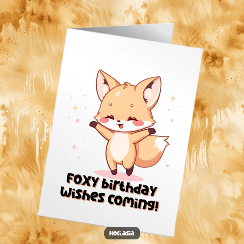 Funny Free Printable Birthday Card: A happy fox cub dances with a scattering of iridescent powder around it, celebrating joyfully.