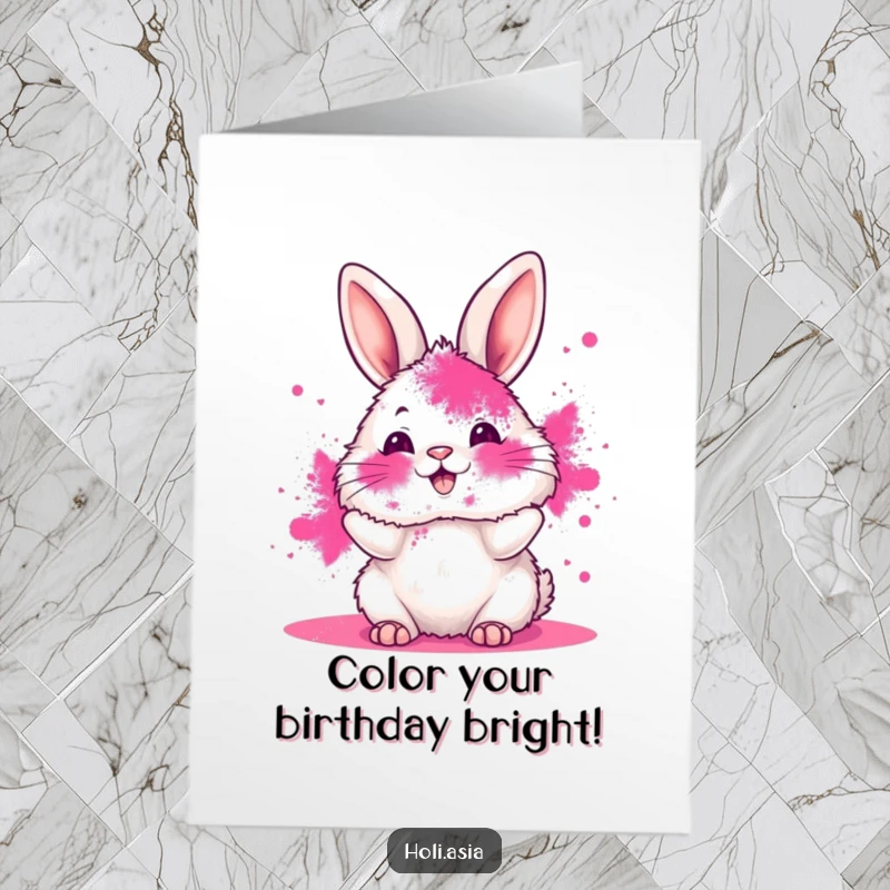 Funny Free Printable Birthday Card of a fluffy bunny with a pink powder-smeared face joyfully tossing more color.