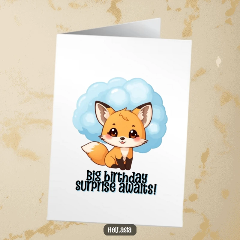 Funny Free Printable Birthday Card featuring a small fox cub peeking from a blue powder cloud with wide, delighted eyes.