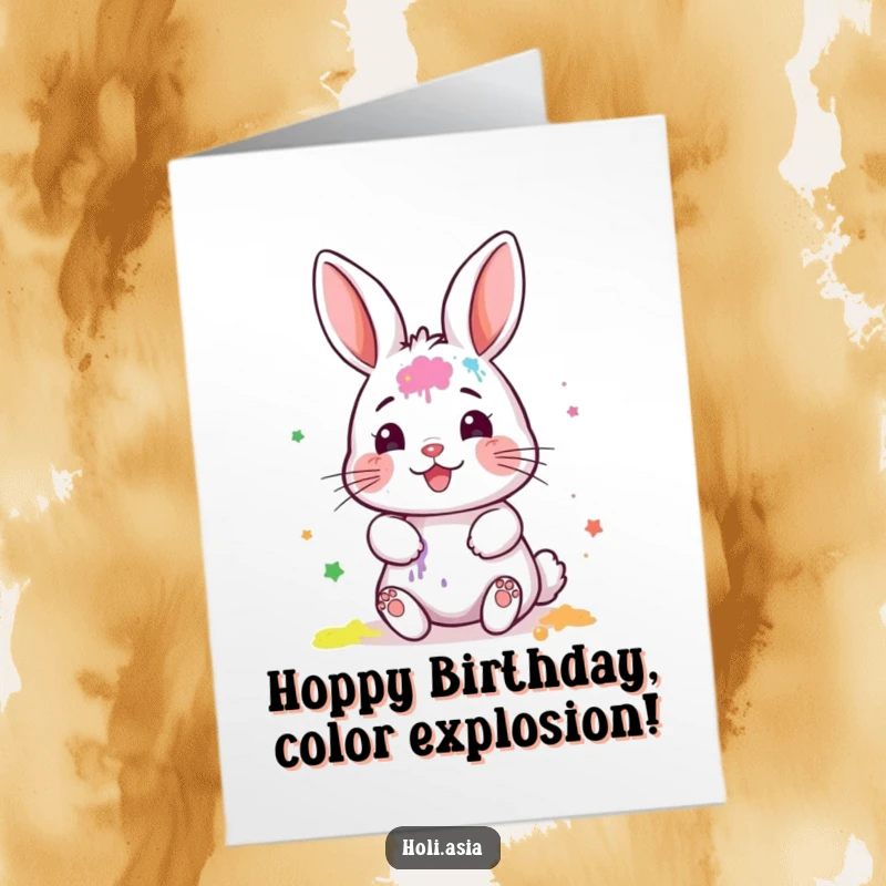 Funny Free Printable Birthday Card: A tiny bunny with a painted face smears colorful powder gleefully, ready for a party.