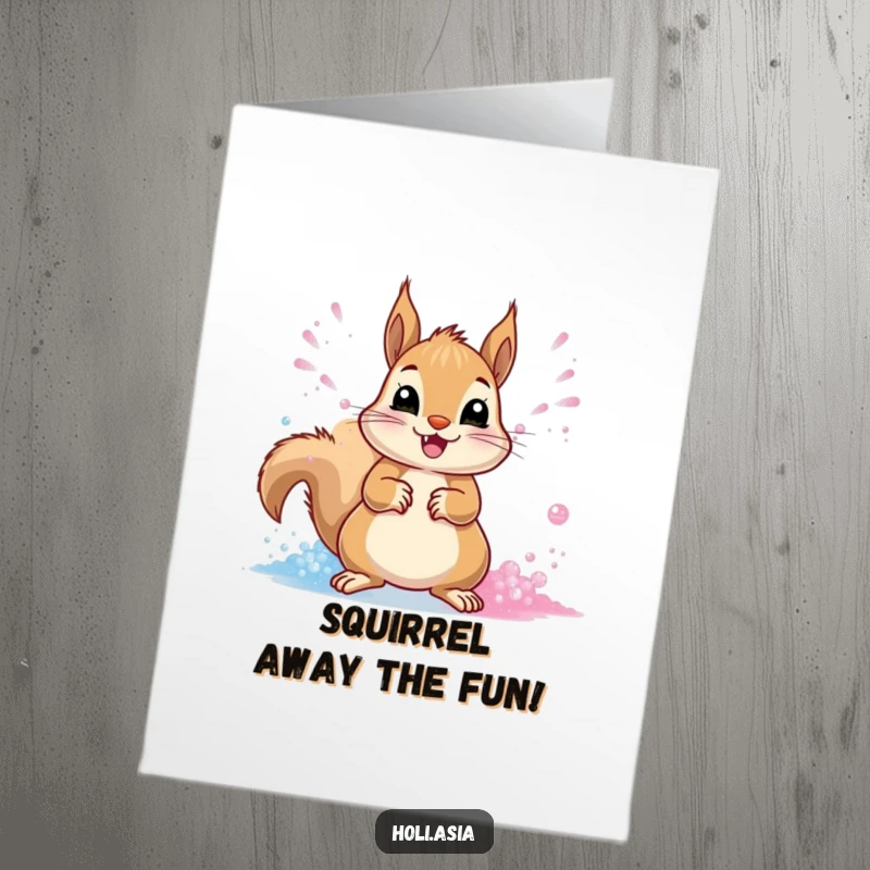 Funny Free Printable Birthday Card: A cheerful squirrel throws streams of vibrant powder with its paws, celebrating wildly.