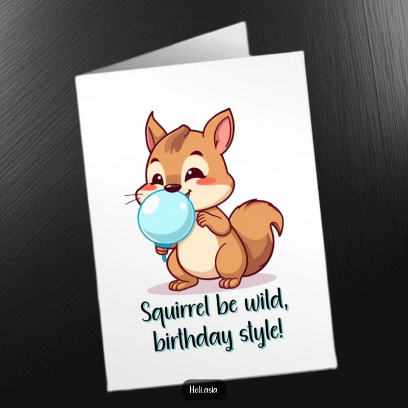 Funny Free Printable Birthday Card featuring a curious squirrel aiming a water balloon with a playful grin, ready for fun.