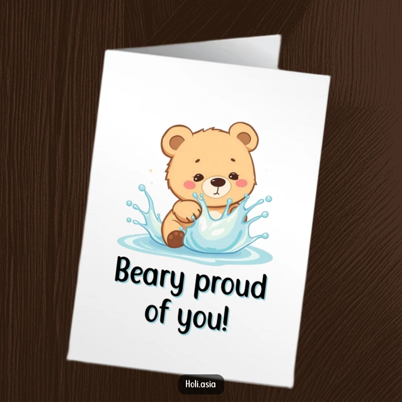 Funny Free Printable Congratulations Card: A curious bear cub dodges a playful splash of bright liquid, celebrating a win.