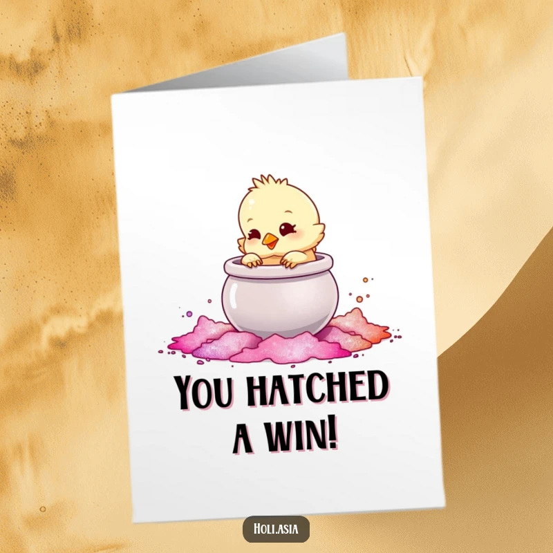 Funny Free Printable Congratulations Card: A fluffy chick playfully taps a large pot of colored powder, celebrating achievement.