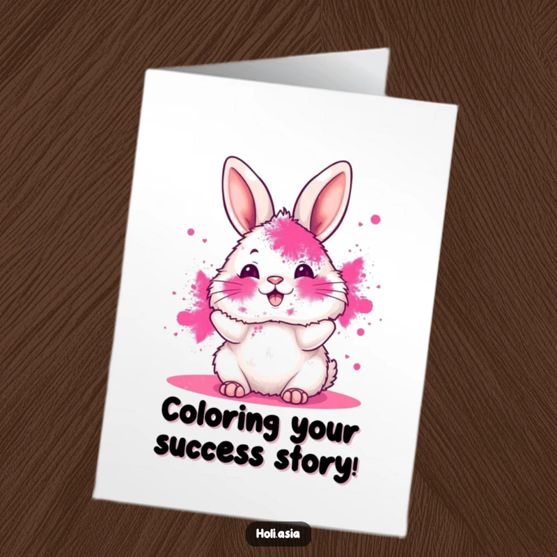 Funny Free Printable Congratulations Card showing a bunny covered in pink powder gleefully tossing more color.