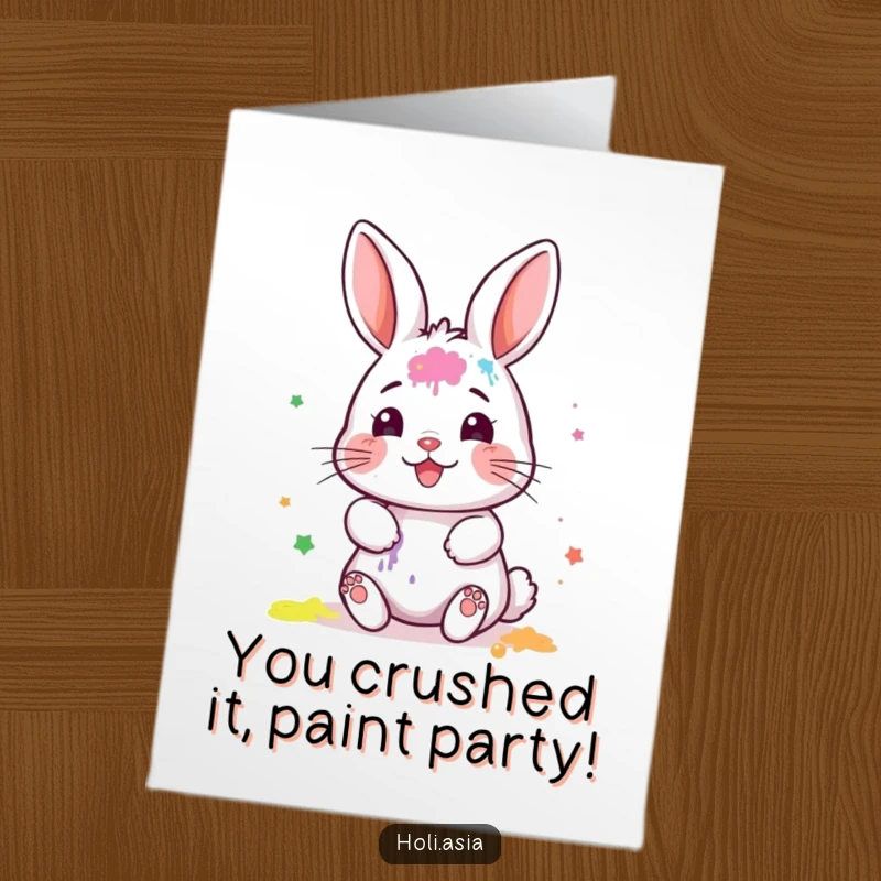 Funny Free Printable Congratulations Card: A tiny bunny gleefully smears colorful powder, celebrating with a messy, joyful face.