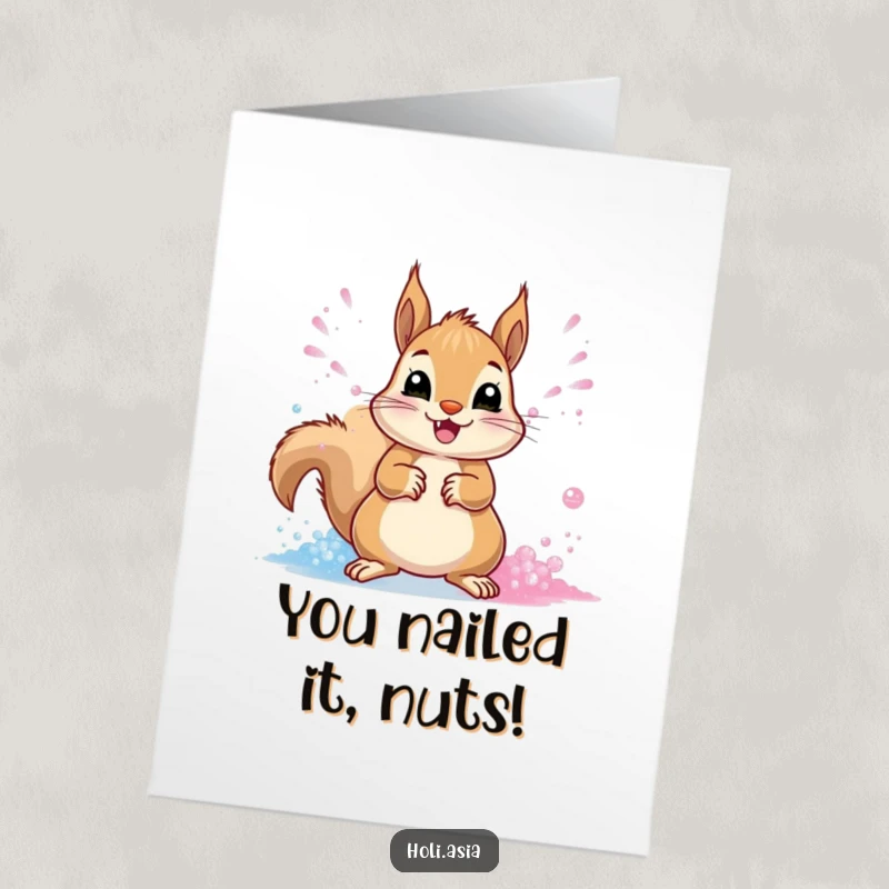 Funny Free Printable Congratulations Card: A cheerful squirrel throws streams of vibrant powder, celebrating a big success.
