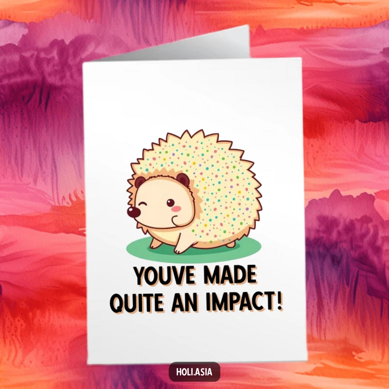 Funny Free Printable Congratulations Card: A giggling hedgehog adorned with colorful speckles, rolling joyfully to celebrate success.