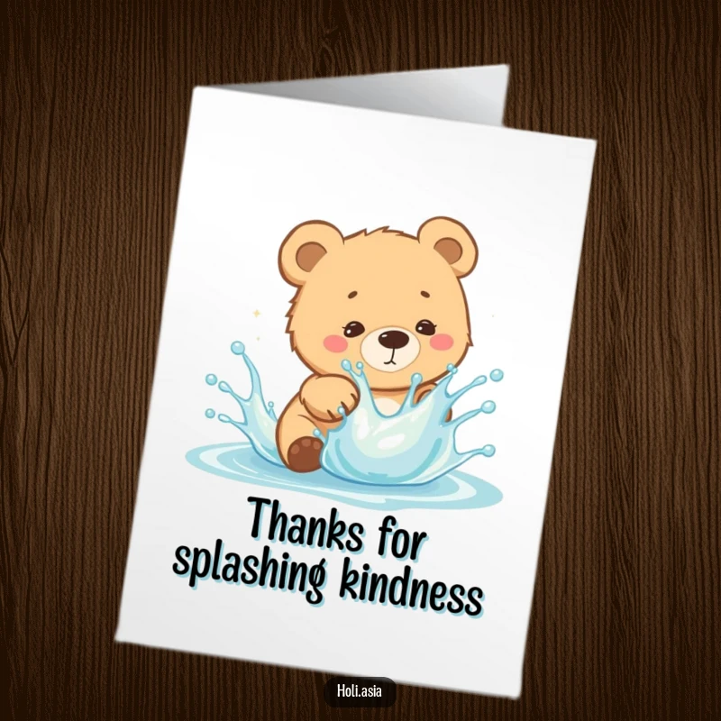 Funny Free Printable Thank You Card: A curious bear cub dodges a playful splash of bright liquid, sending thanks.