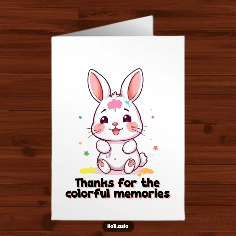 Funny Free Printable Thank You Card: A tiny bunny with a painted face smears colorful powder, sending messy appreciation.