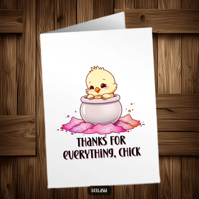 Funny Free Printable Thank You Card: A fluffy chick playfully taps a shimmering pot of colored powder, sending thanks.